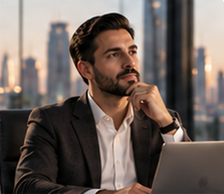 A consultant thinking at his laptop