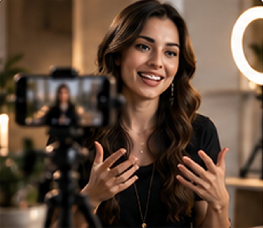 A content creator filming with a phone and ring light